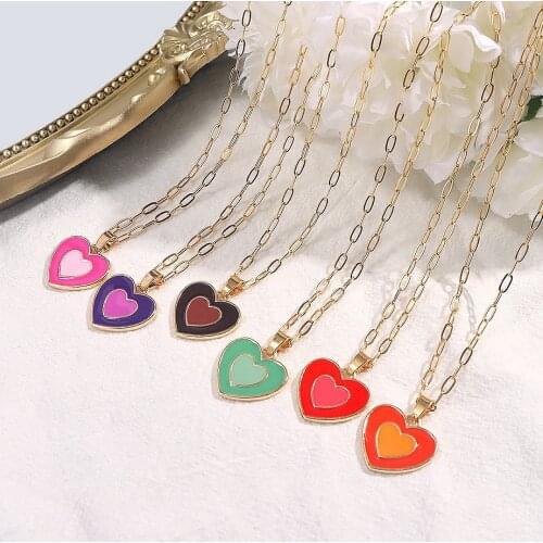 Fashion Double Laye Love Heart Colorful Enamel Pendant Necklaces For Women Gold Color Chain Necklace New Hot Party Jewelry Gifts