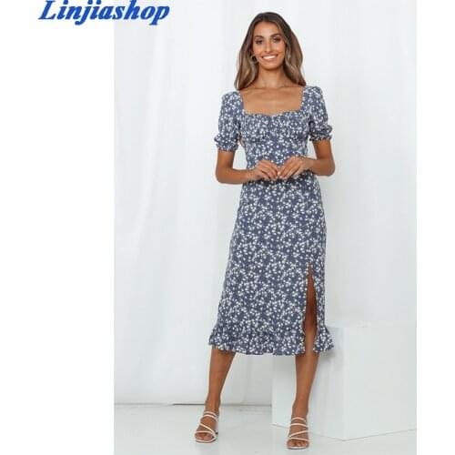 Fashion summer dress women square neck short sleeve zipper lining holiday beach elastic floral print midi dress femme vestidos