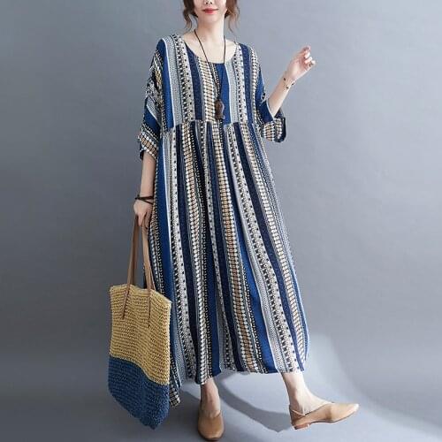 2021 New O-Neck Large Size Maxic Batwing Casual Retro Vintage Ethnic Style women Striped Female Holiday Dress