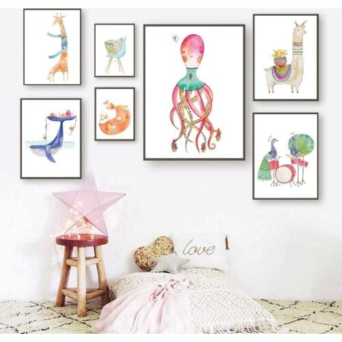 Giraffe Shark Squirrel Octopus Alpaca Peacock Wall Art Canvas Painting Nordic Posters And Prints Wall Pictures Kids Room Decor
