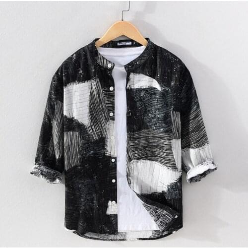 100% Linen Shirts Men Three Quarter Stand Collar Business Dress Shirt Patchwork Fashion Casual Tops Male Camisa TS-745