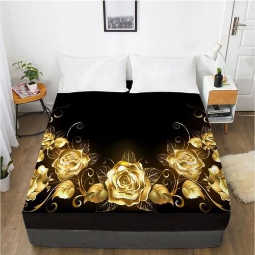 3D HD Digital Printing Custom Bed Sheet With Elastic,Fitted Sheet Twin Full Black gold roseBedding Mattress Cover 160x200cm