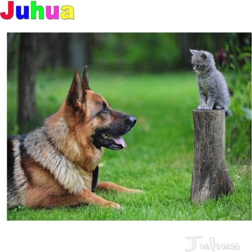 Diamond Mosaic German Shepherd Dog And Cat 5D Diy Diamond Embroidery Full square Round Drill Rhinestone Keep Watch Animal