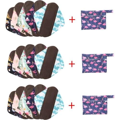 Free Shipping Reusable Hygiene Menstrual Pads Women Sanitary Pads Bamboo Charcoal Lady Cloth Pads Wholesale 10pcs with 2 Wet Bag