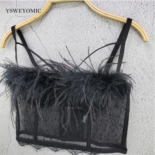 Black White Color Mesh Lace Feather Camisole New Autumn and Winter Vest Tube Crop Tops Women Sexy Short Bustier Camis D-021