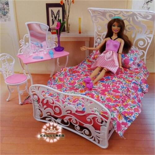 For Barbie Doll Furniture Accessories Toy Princess Bed Dressing Table Chair Pillow Kitchen Bedroom Holiday Gift Girl DIY