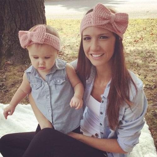 NASHAKAITE Mom Daughter Elasticity Headband Autumn Winter Solid Knitted Bownot Haieband Hair Accessories For Women Baby