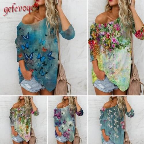 Autumn Womens Graphic 3D Flower Print T-shirt Lady Skew Collar Loose Long Sleeve Harajuku Y2K Top Oversized Casual TShirt Femme