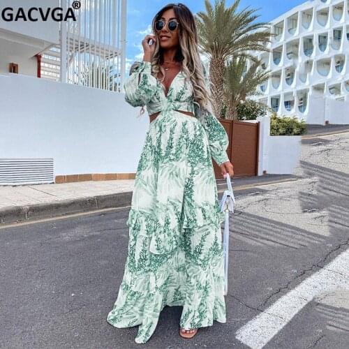 GACVGA 2021 Printed Long Sleeve Maxi Dress Summer Autumn Elegant Hollow Out Evening Party Dresses Vestidos De Mujer Casual Traf