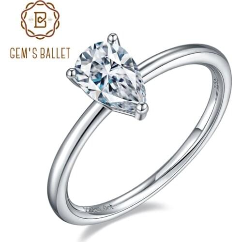 GEMS BALLET Brilliant Moissanite Rings 925 Sterling Silver 1.0Ct Pear Shape Moissanite Solitaire Engagement Ring For Women