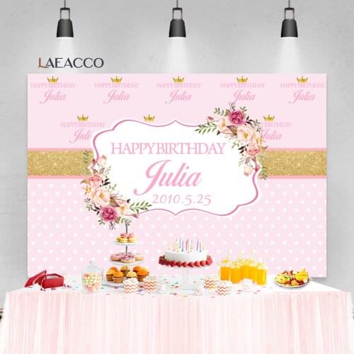 Laeacco Princess Happy Birthday Pink Flower Golden Sequins Crown Backgrounds Baby Customized Portrait Backdrops For Photography
