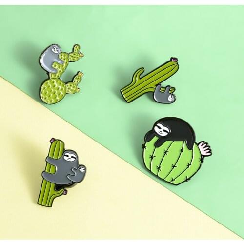 Sloths Enamel Lapel Pins Story with Cactus Brooches Badges Fashion Cute Animals Jewelry Gifts for Friends Wholesale Brooches