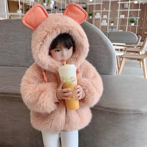 Cute Big Ears Plush Baby Jacket 2021 Autumn Winter Warm Faux Fur Coats For Girls Hooded Snow Coat Soft Children Outwear Clothing