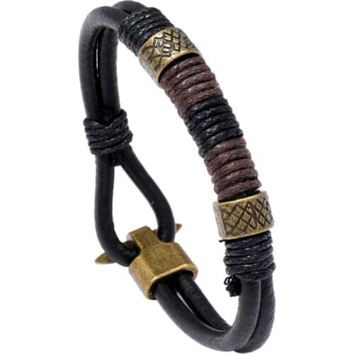 Fashion Hippie Men Leather Bracelet Handmade Vintage Retro Rope Bronze Alloy Charm Bangle Wrap Wristbands Rock Punk Jewelry Gift