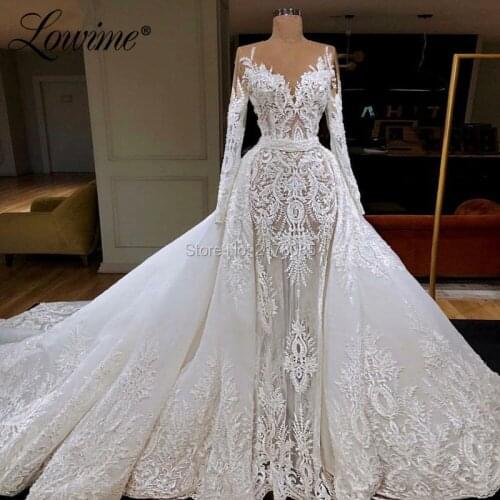 Muslim Long Wedding Dresses Lace Bridal Gowns With Detachable Train Cheap Wedding Gowns Arabic Bride Dress 2021 Custom Made