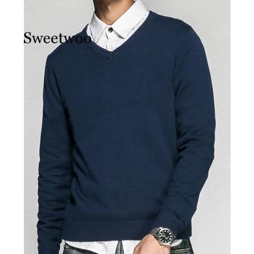 Mens Pullover V-neck 100% Cotton Solid Color Sweater 2020 Autumn And Winter New Long-sleeved Casual Sweater M-3XL