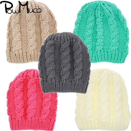 Powmuco Solid Color Handmade Knitted Wool Hat Fashion Crochet Baby Girls Caps Autumn and Winter Warm Headwear Children Ornaments