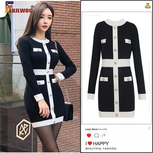 2020 Autumn Winter Black Mini Dress Basic Wear Ladies Elegant Office Lady Sexy Sheath Bodycon Pencil Knitted Sweater Dresses