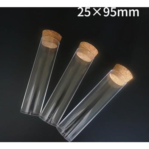 50pcs/lot 25x95mm Flat bottom Plastic Test Tube with cork stoppers for kinds of Laboratory glassware