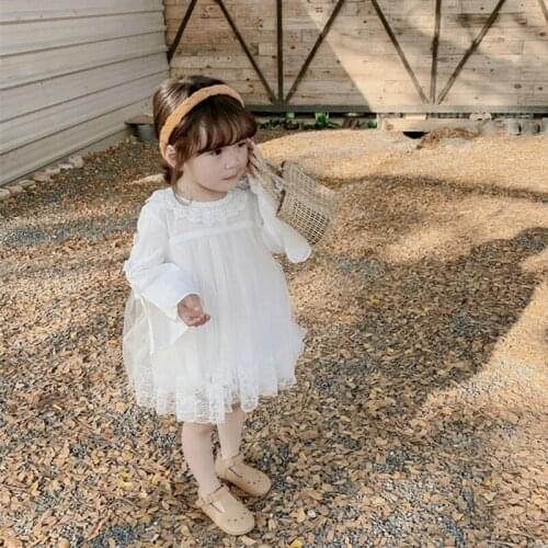 DFXD New Spring Summer Kids Girls Dress White Long Sleeves Lace Princess Dress Children Baby Girl Wedding Clothes Vestidos 2-7T