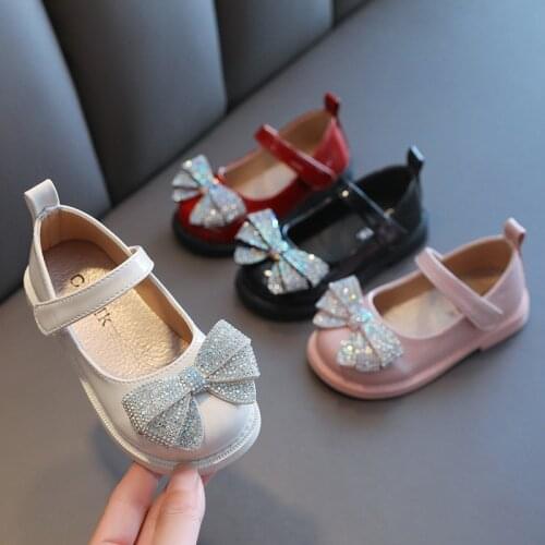 Girls' Casual Shoes 2021 New Fashion Rhinestone Leather Shoes Children Princess Shoes Soft Bottom Sweet Bow-knot School Shoes