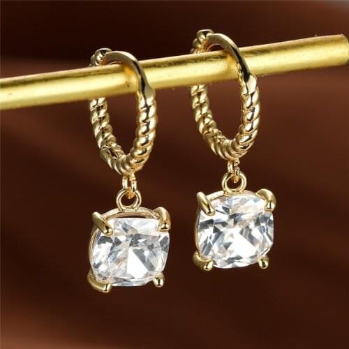 Simple Fashion White Zircon Hoop Earrings Luxury Crystal Square Stone Earrings Vintage Gold Color Small Earrings For Women Party