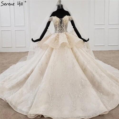 Champagne Off Shoulder High-end Sexy Wedding Dresses 2020 Handmade Flowers Sequins Sleeveless Bridal Gowns HX0059 Custom Made