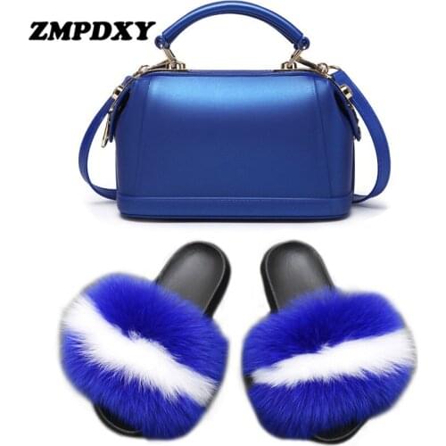 New Fluffy Fox Fur Slides Women Flat EVA Non-slip Fuzzy Slippers Solid Color Jelly Handbag Ladies Fashion Jelly Matching Purse