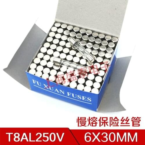 T8AL250V Slow Melt Fuse Tube 6X30MM T8A250V Insurance Tube T8A 250V 1 Box 100 PCS
