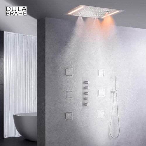 Thermostatic Brushed Bathroom Shower System Ceil Mounted Bath Mixer Faucet Set 50X36 CM Atomizing Rain Head LED Touch Panel