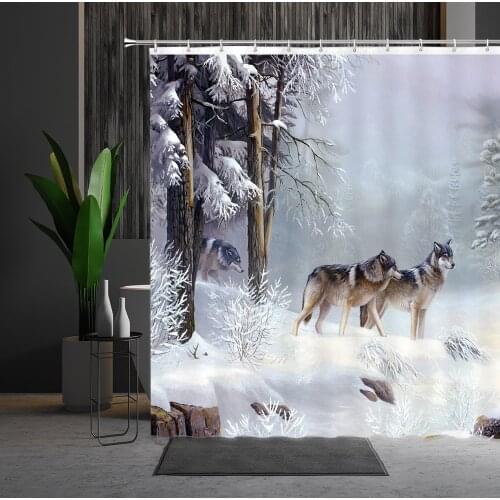 Wild Animal Shower Curtain Snow Wolf Winter Forest Pattern Printed Polyester Home Bathroom Decor Bath Cloth Curtains With Hook