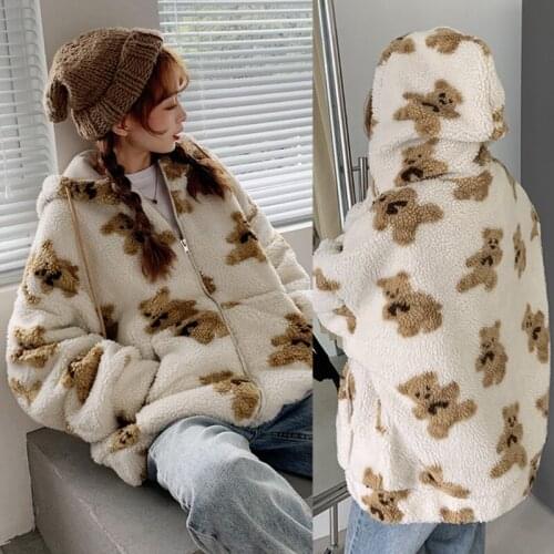 Women Winter Fuzzy Plush Hoodie Jacket Cute Cartoon Bear Print Shaggy Oversized Coat Harajuku Long Sleeve Warm Zip Up Sweatshirt