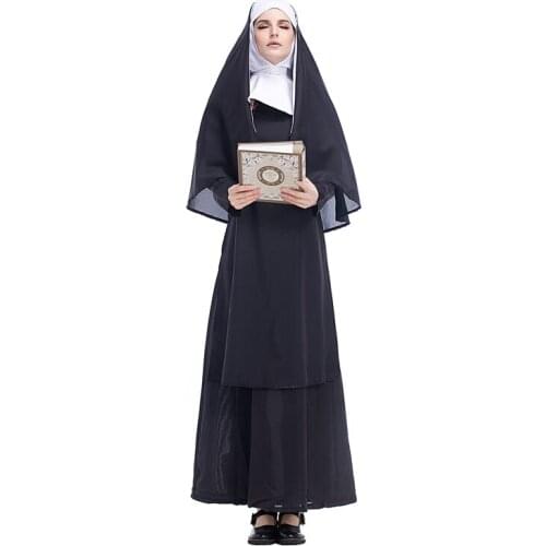 Women Religious Catholic Sister Nun Christian Costume Female Black Halloween Costume Virgin Mary Nun Cosplay Fancy Dress