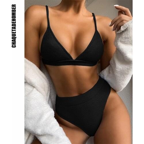 High Waist Bikini 2021 Women Pure Color Swimsuit Summer Special Fabric Swimwear Two-pieces Bikini set Ribbed Bather Bathing Suit