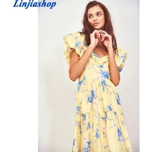 Linjiashop spring summer women long dress yellow floral print short sleeves elegant vintage female midi dress