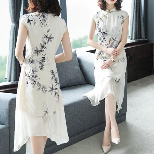 2021 New Cheongsam Improved Retro Summer Dresses Women Floral Printed Dress A-Line Lady Stand Collar Sundress Plus Size HB682