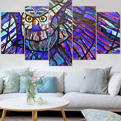 5 Pieces Wall Art Canvas Painting Owl Pattern Abstract Poster Modern Living Room Home Modular Framework Pictures Decoration