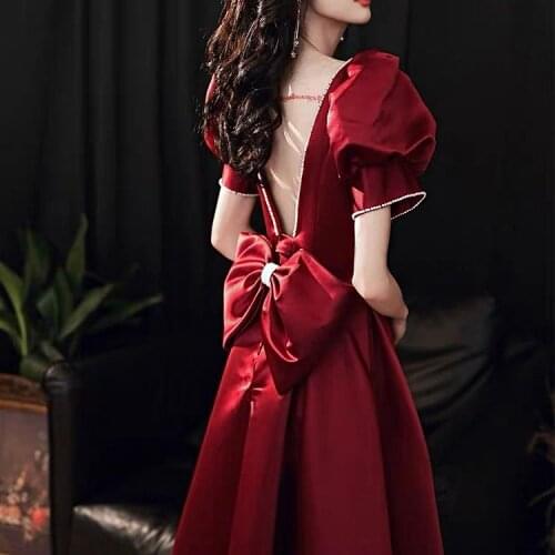 Satin Wine Red Evening Dresses Pearls Bow Puff-sleeves V-neck A-Line Vintage Formal Homecoming Graduation Evening Gowns 2021 New