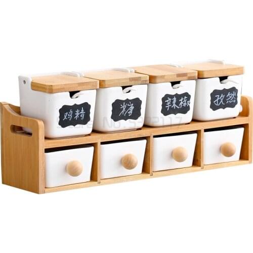 Bamboo square pot ceramic seasoning pot bottle storage seasoning box kitchen set gift salt and pepper shakers spice rack tools