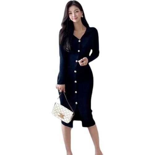 Balck tight knit Dress one piece korean autumn ladies autumn Sexy casual cabaret party Dresses for women