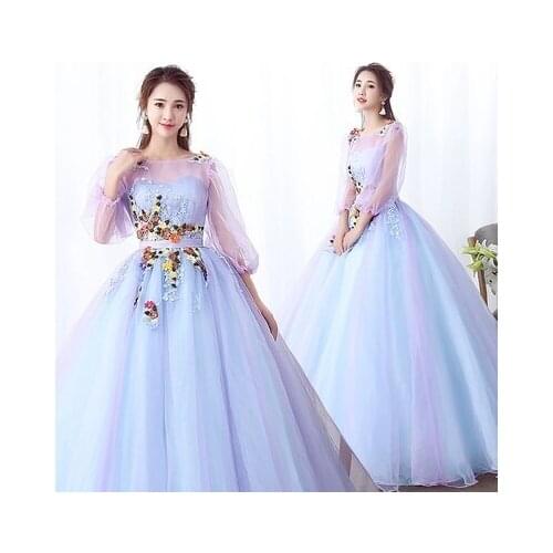 Free ship 100%real embroidery veil fariy long dress ball gown bubble sleeve vintage/stuido/stage dress