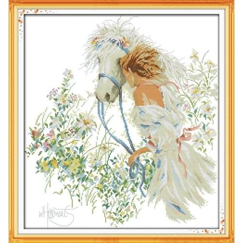 Joy Sunday White horse & girl 11CT DMC print on canvas 14CT cross stitch set DIY Chinese cross stitch needlework kits Home decor
