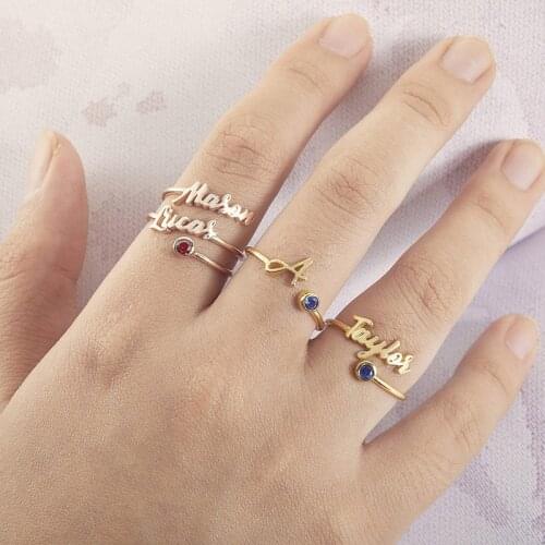 Duoying Stainless Steel Custom Ring DIY Name Birthday Stone Ring Custom Name Ring Open Rings Adjustable Ring Moms Day Gift