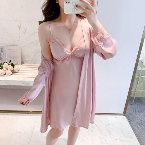 Summer Women New 2PCS Robe Set Lace Trim Rayon Pyjamas Sexy V-Neck Nightgown Bride Dressing Bathrobe Gown Sleepwear Loose Kimono