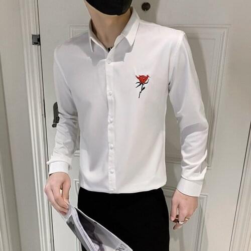 Plus Size 5XL-M Autumn New Rose Embroidery Long Sleeve Mens Shirt Fashion Club/Prom Tuxedo Slim Fit Casual Chemise Homme Sale