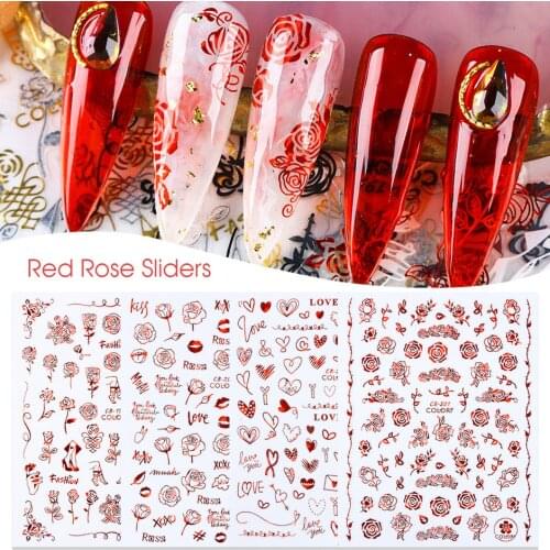Valentines Day Nail Sticker Popular Black Gold Red Adhesive Nail Sticker Heart Shaped Animal Rose Flower Vine Nail Decoration