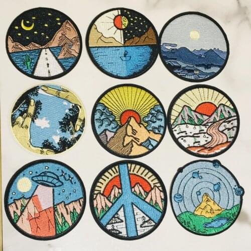 Embroidery Patches for Clothing Camp Iron on Patch Punk DIY Applique Clothes Stickers Van Gogh Star Night Mountain Wave Stripes