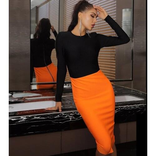 Halinfer New Sexy Women Designer Orange Black Patchwork Long Sleeve Bodycon Elegant Party Bandage Dress