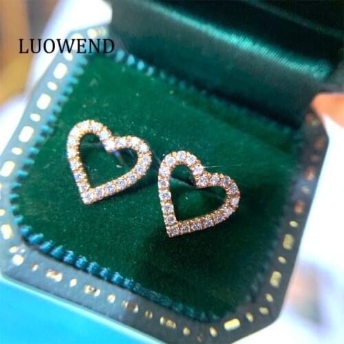 LUOWEND 100% 18K Solid Rose Gold Earrings Heart Shape Women Stud Earrings Real Natural Diamond Earring for Wedding Engagement