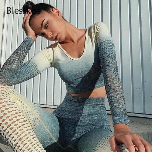 BLESSKISS Hot Seamless gym Set Women Sport Suit High Waist Leggings Crop Top Cut Out Mesh 2 Piece Yoga Set Fitness Set
